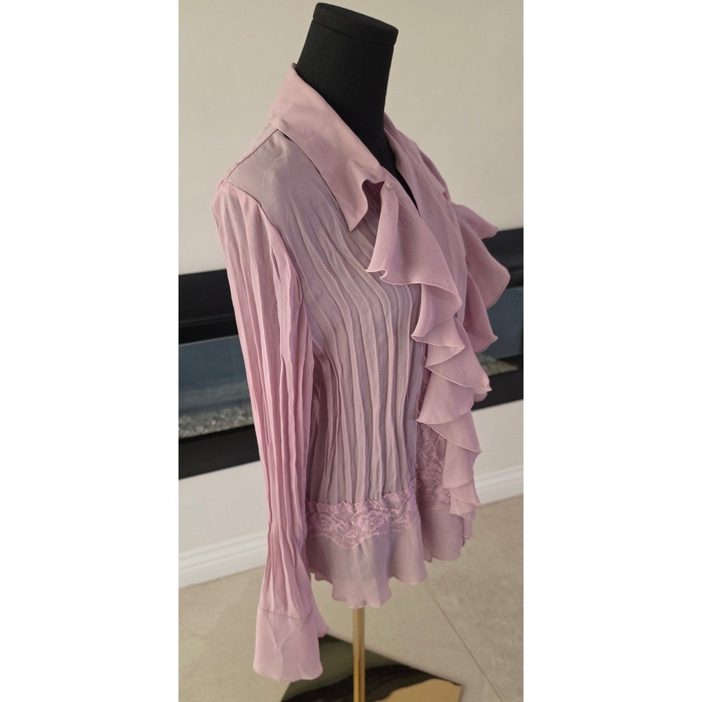 VTG Boho White Stag Lavender Rose Crinkle Ruffle Blouse Lace Trim XL 16/18 - Picture 8 of 9